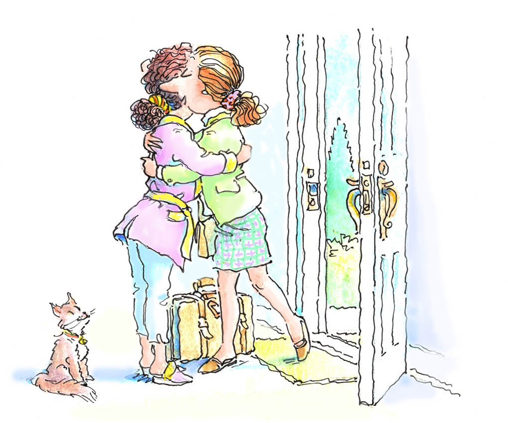 women hugging outside door