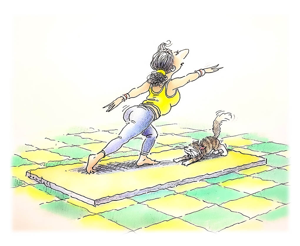 woman exercising on mat with cat